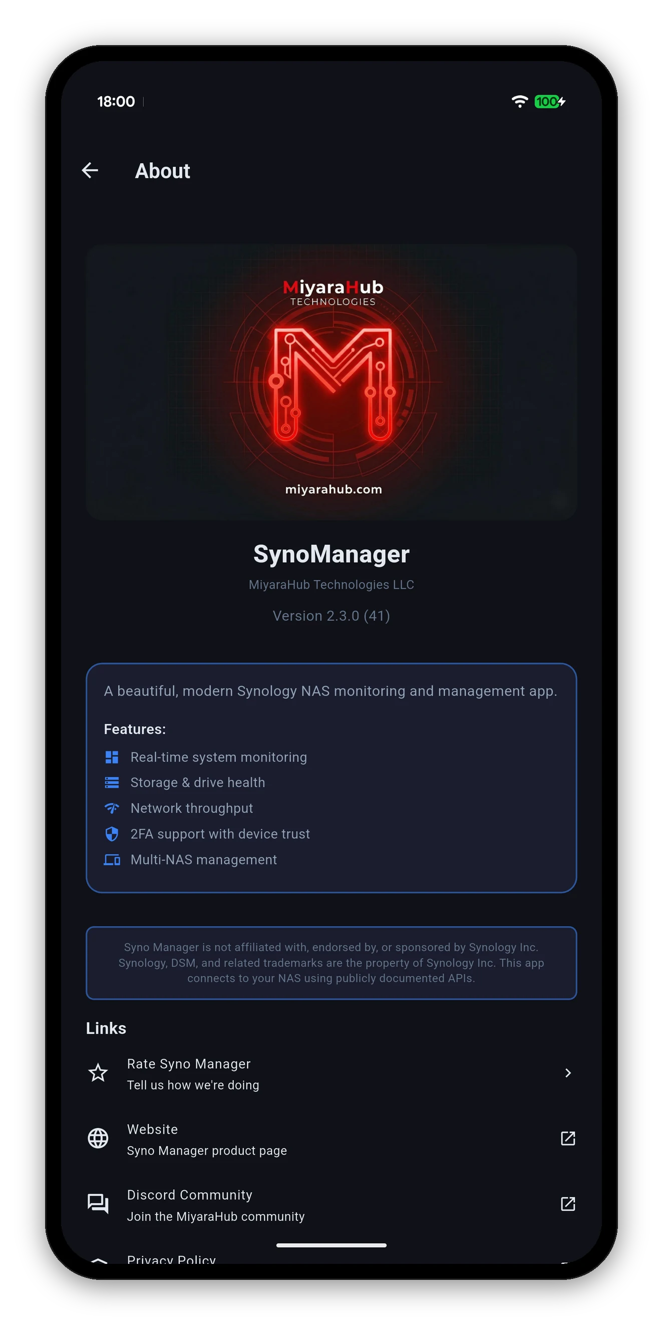 The About screen with version, features and links