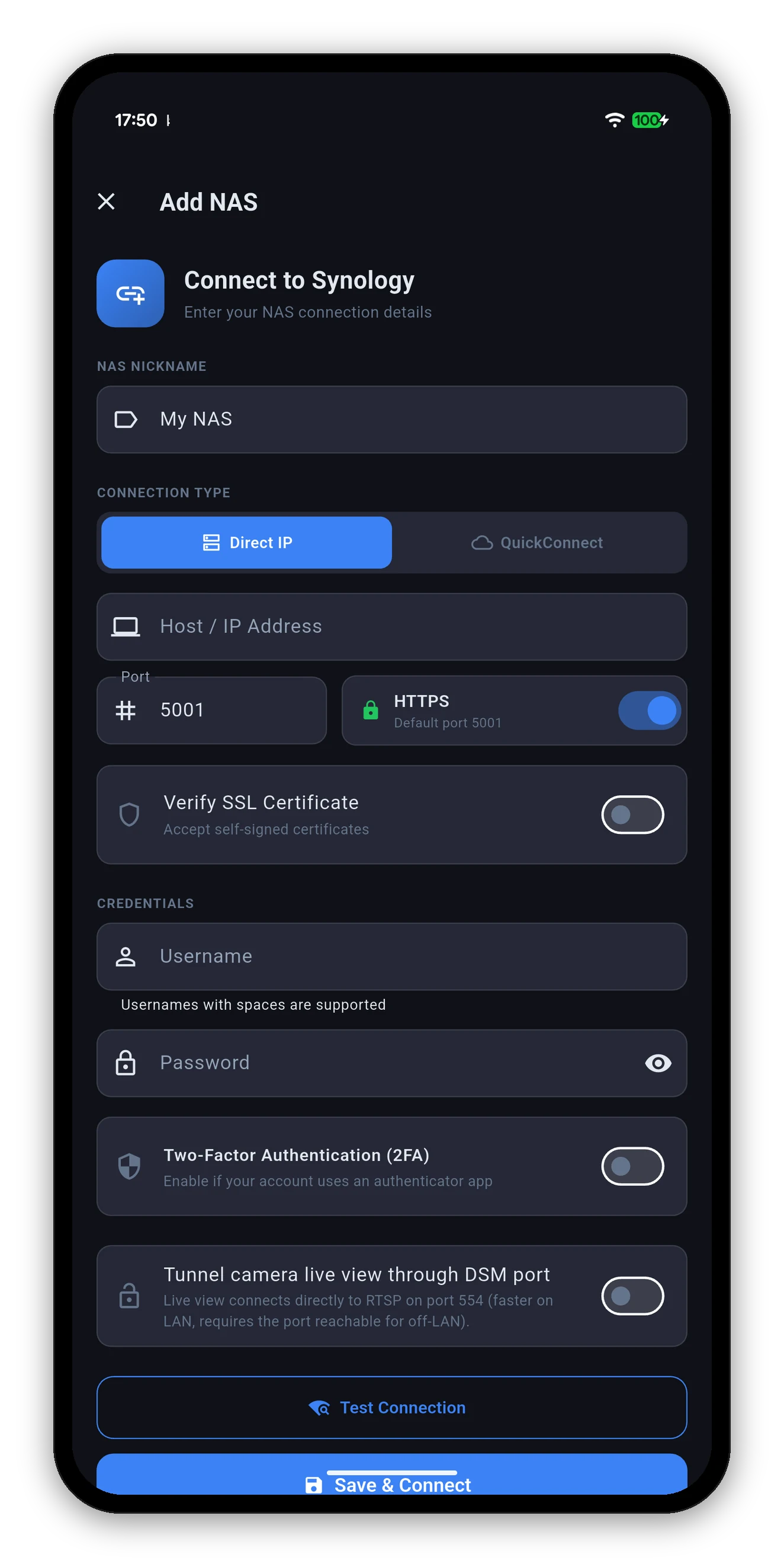 The Add NAS form with Direct IP and QuickConnect options