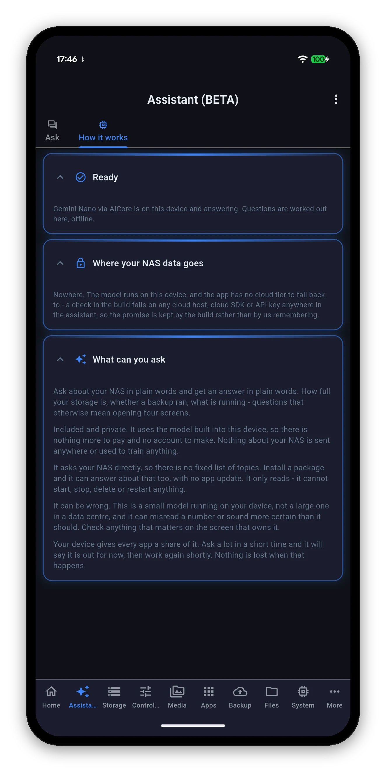 How it works, explaining that the model is on the device and no data leaves it
