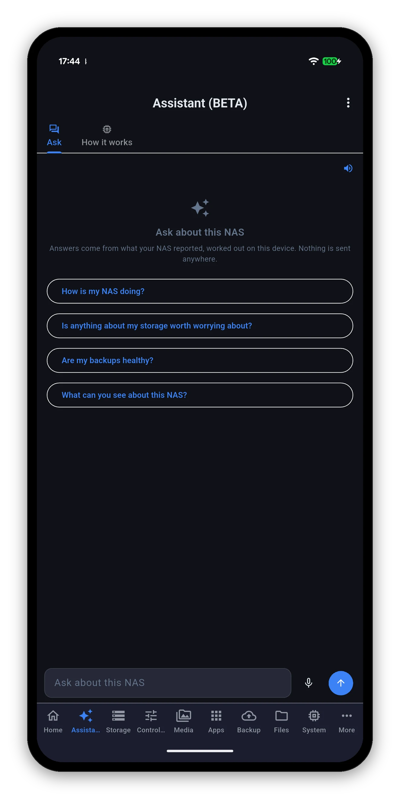 The on-device assistant ready to answer questions about the NAS
