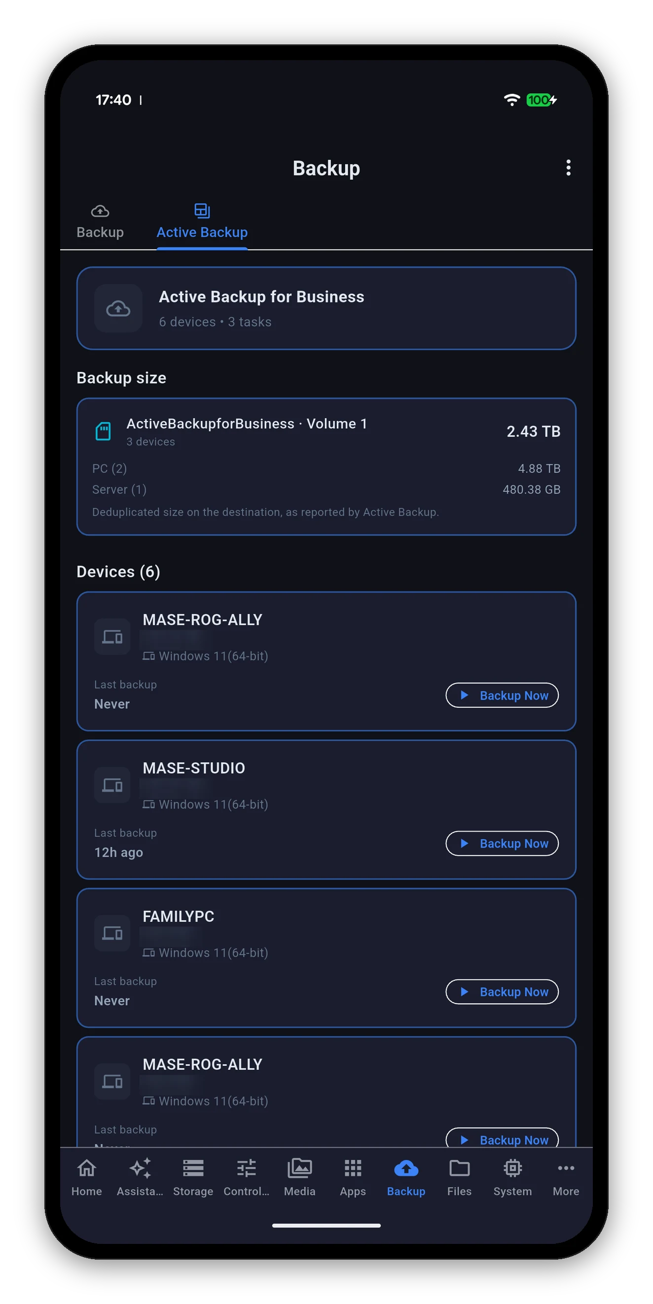 Active Backup for Business with repository size by workload and protected devices