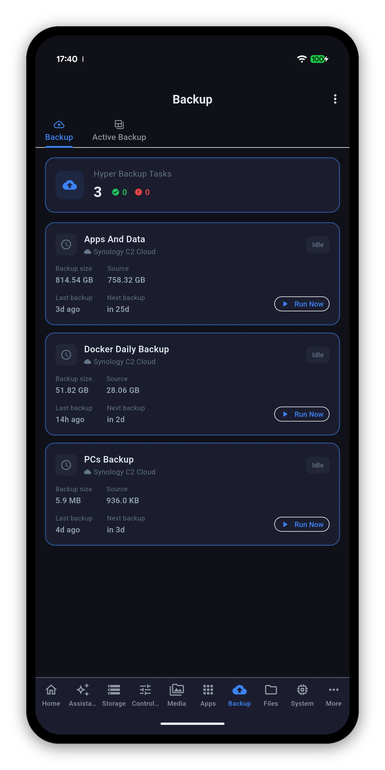 Hyper Backup tasks with backup size and next run