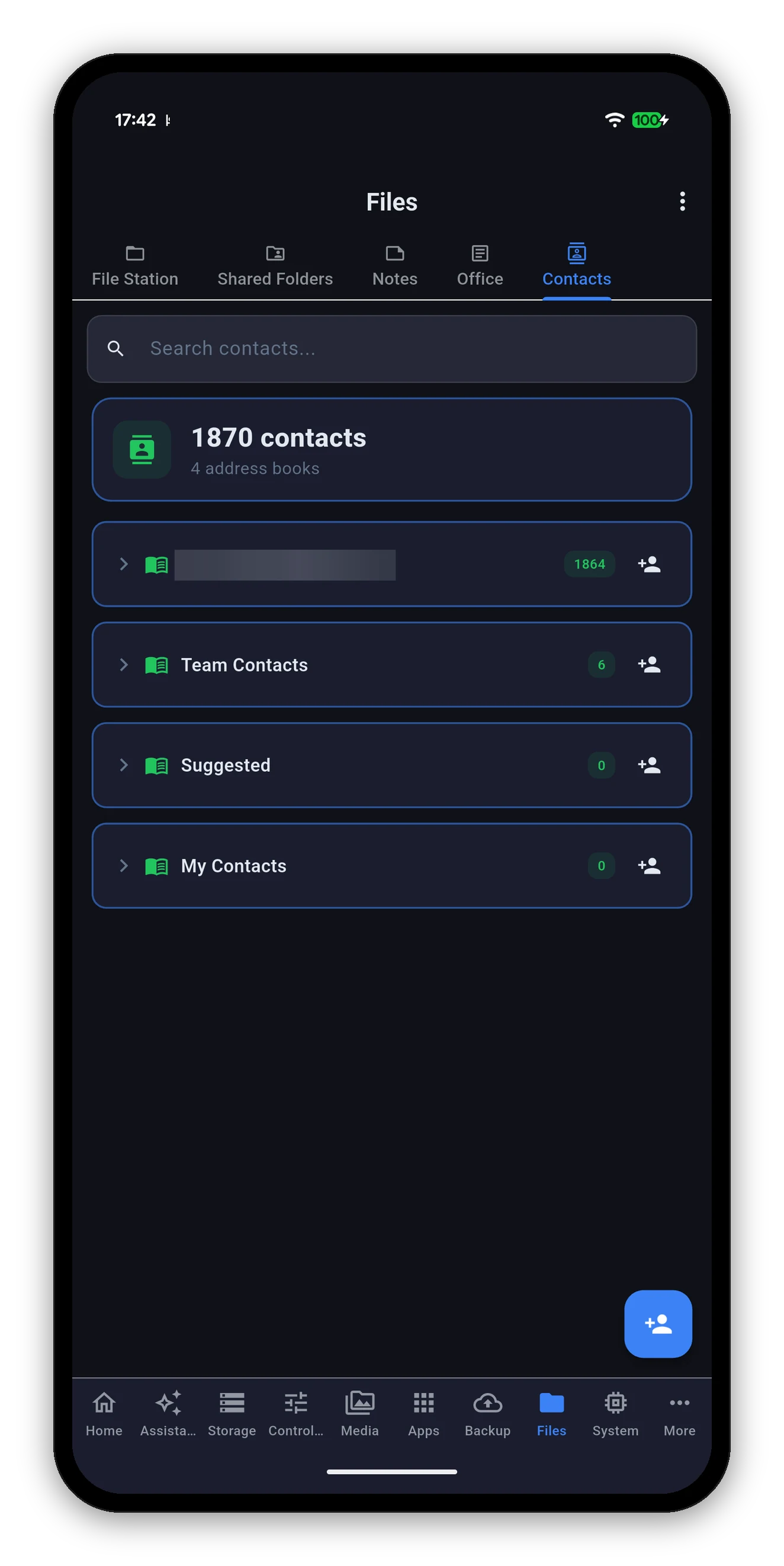 Synology Contacts address books with contact counts