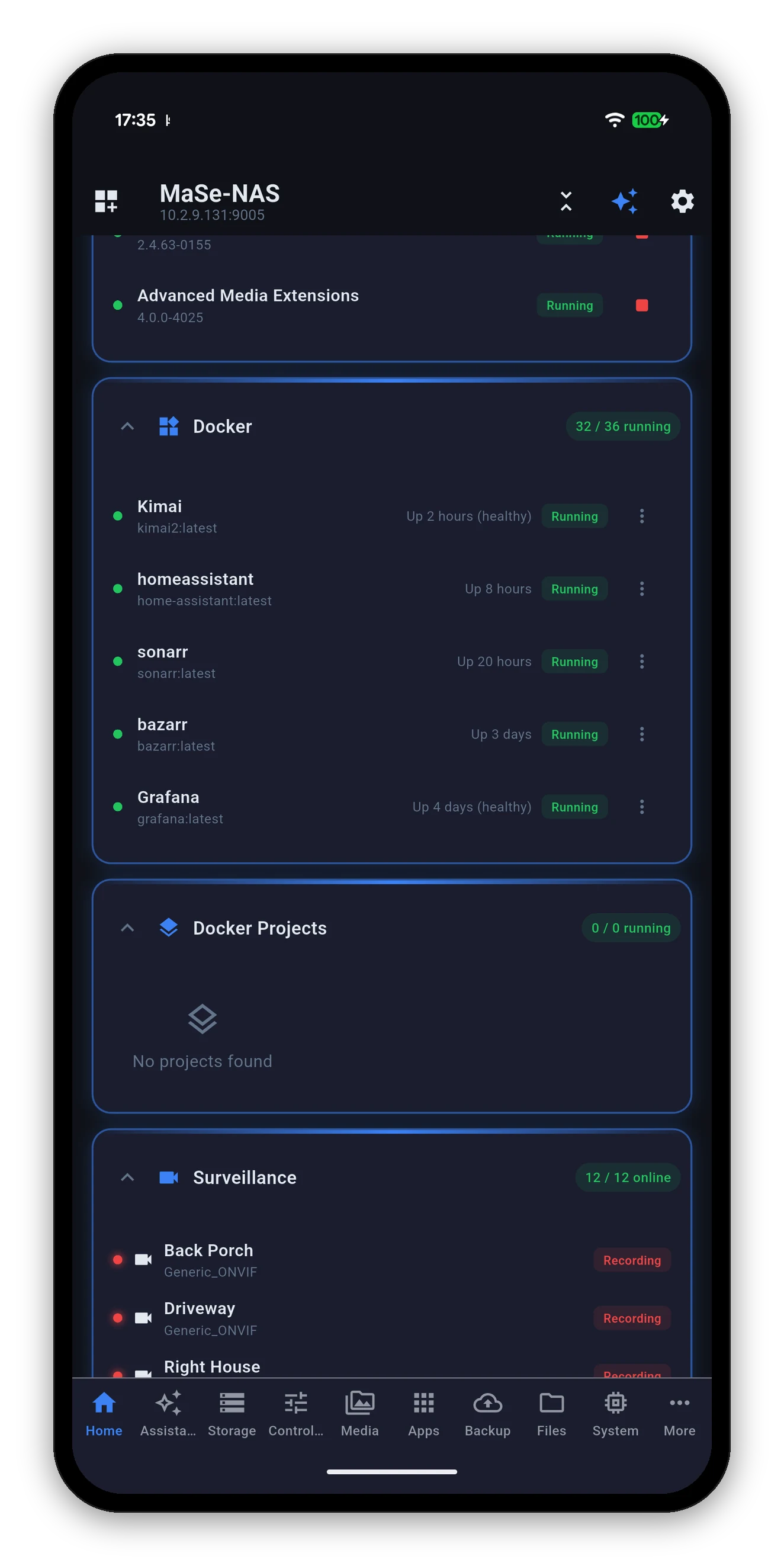 Dashboard cards for Docker and Surveillance Station, each summarising and linking to its screen