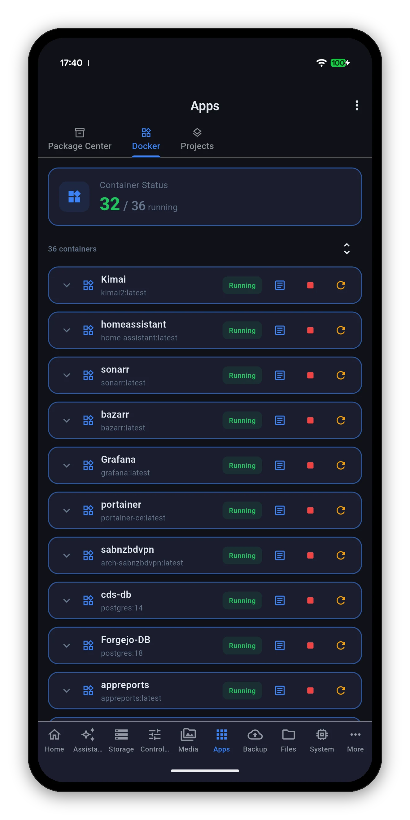 Docker container list with status and controls