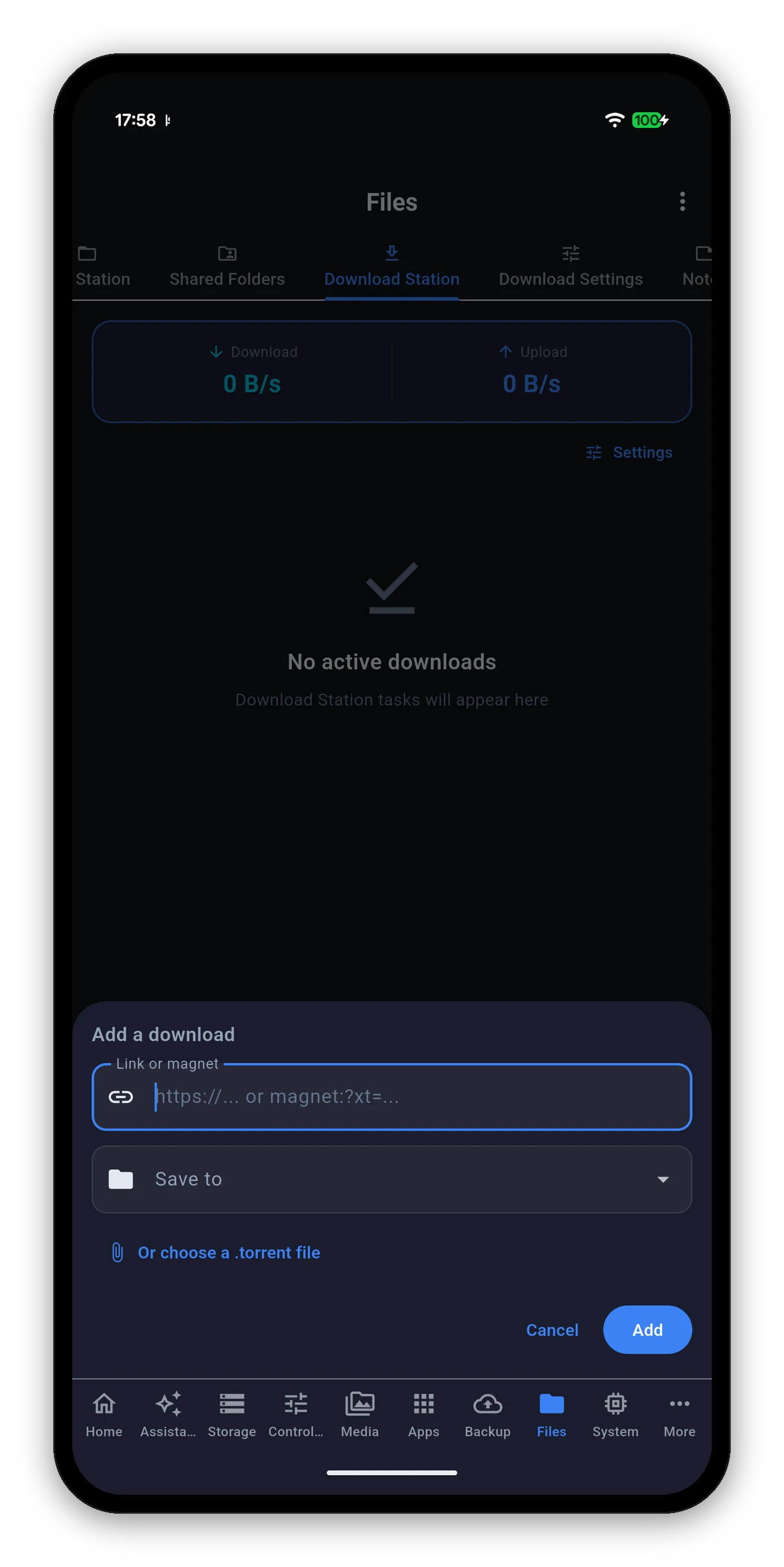 The Add a download sheet with a link field, a destination picker and a torrent file option