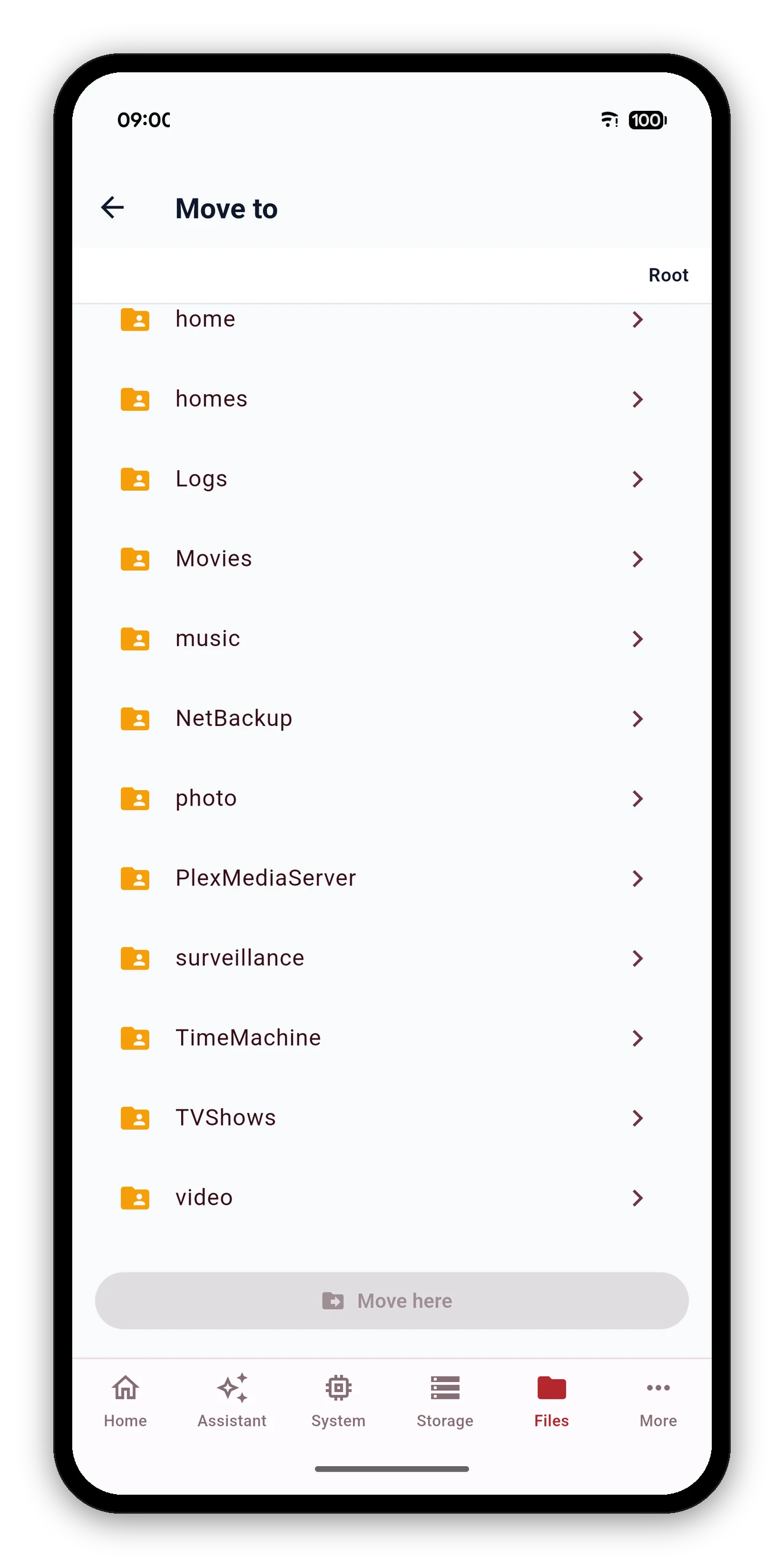 Pemilih tujuan Pindah ke yang mencantumkan setiap folder bersama yang ditawarkan NAS