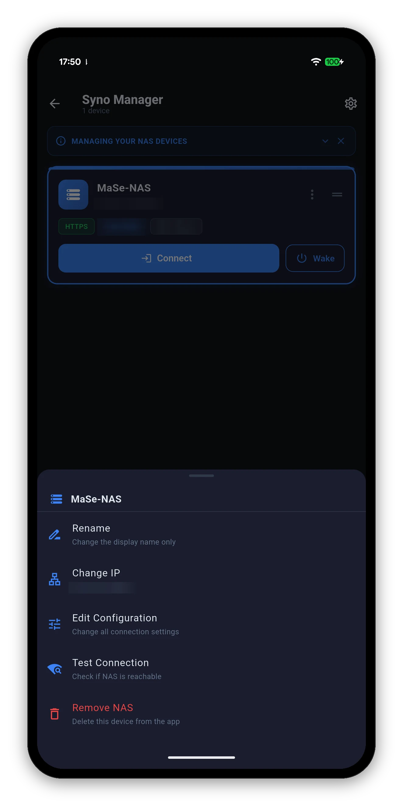 The per-NAS menu with Rename, Change IP, Edit Configuration, Test Connection and Remove