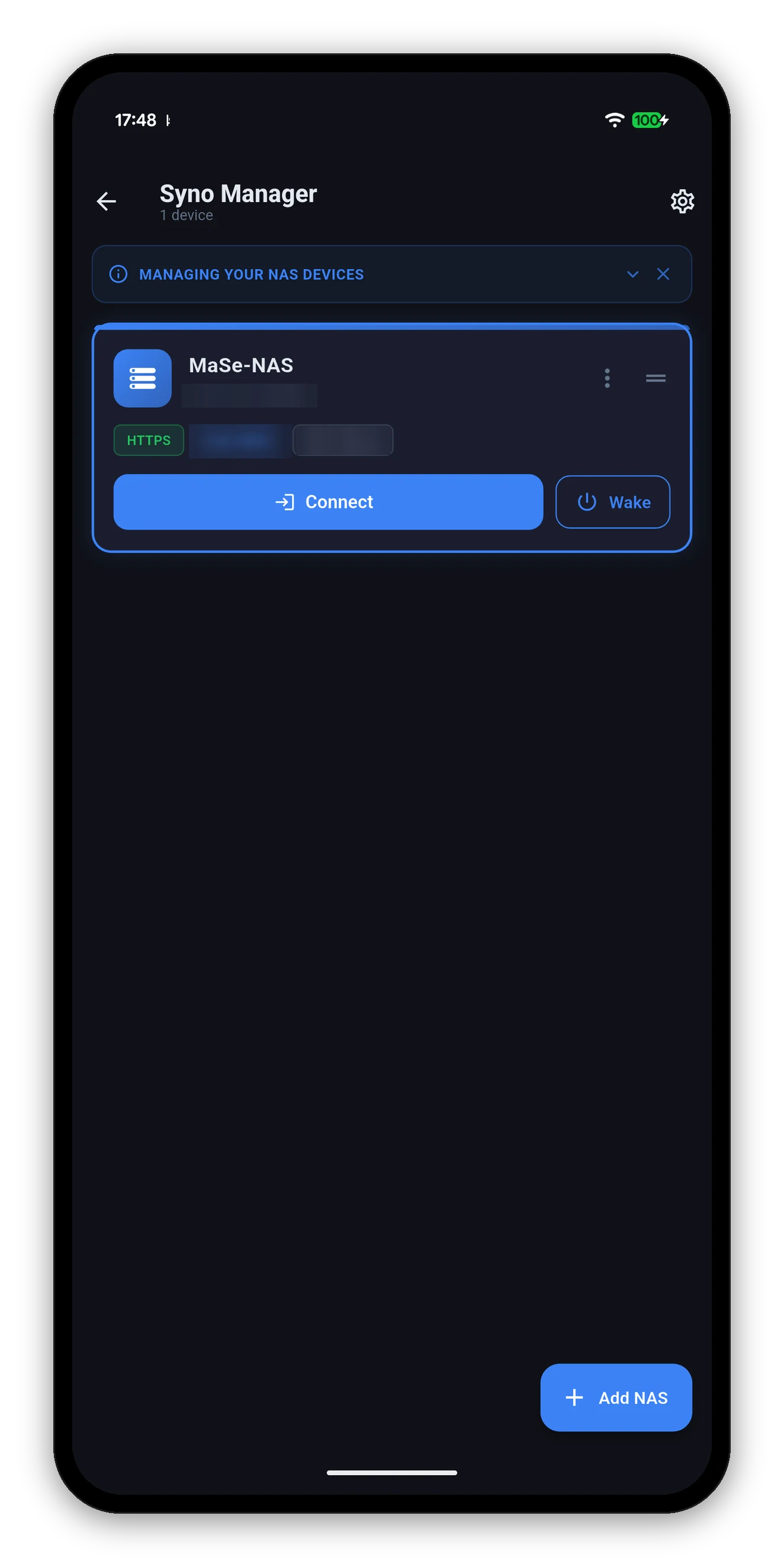 The NAS device list with Connect and Wake