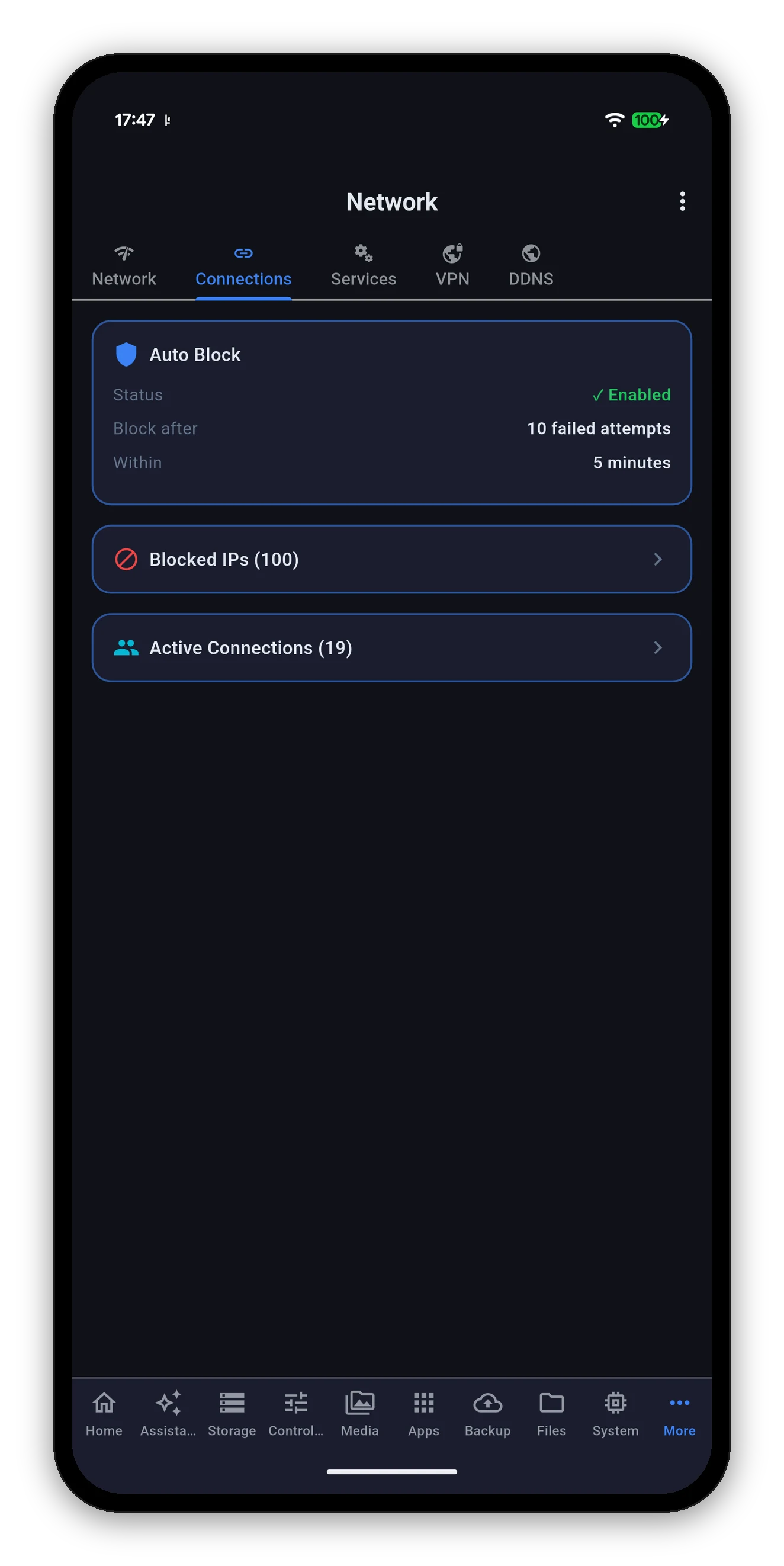 Connections showing the auto-block policy, blocked IPs and active connections