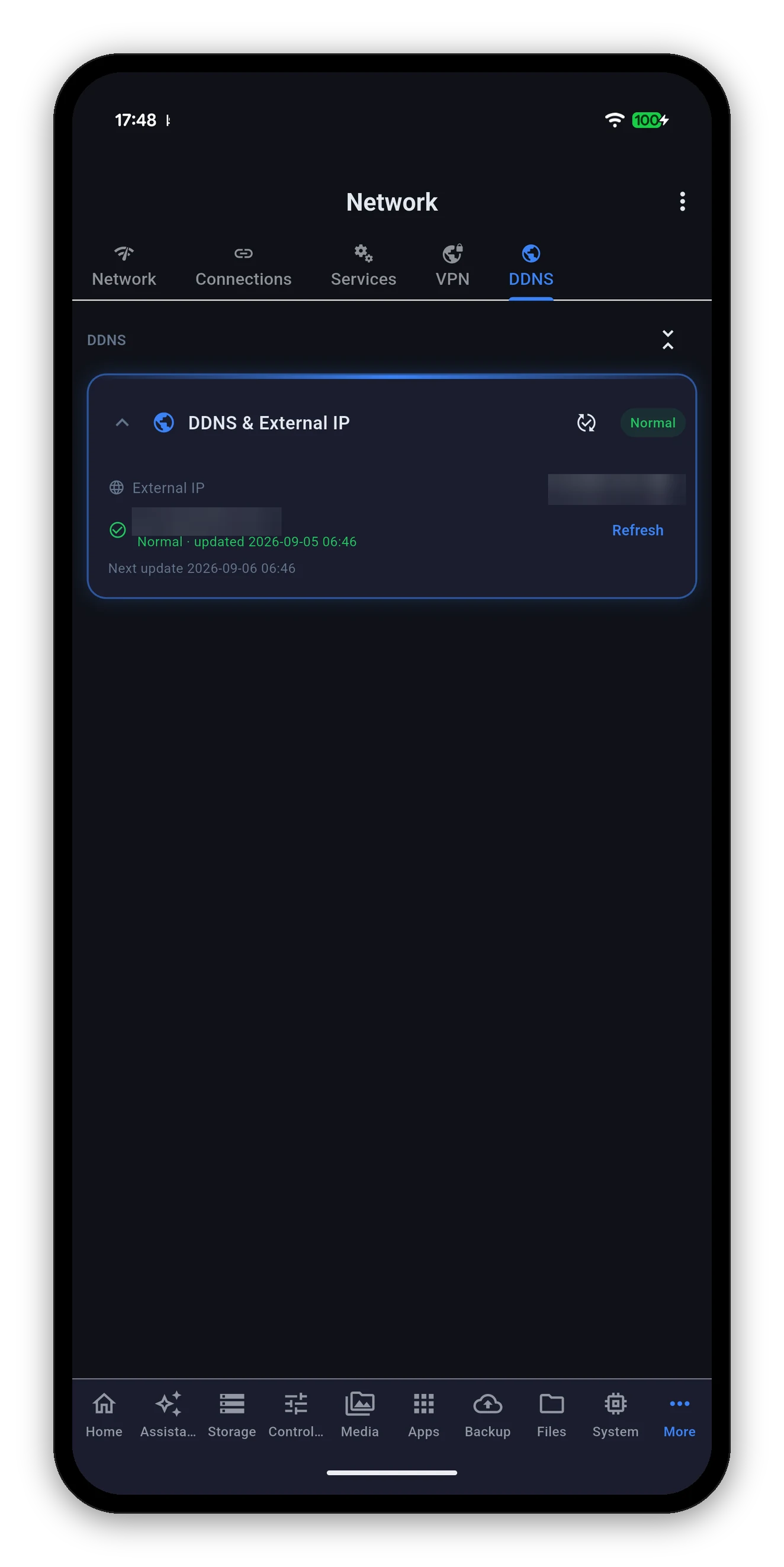 DDNS and external IP, with the public address and hostname obscured
