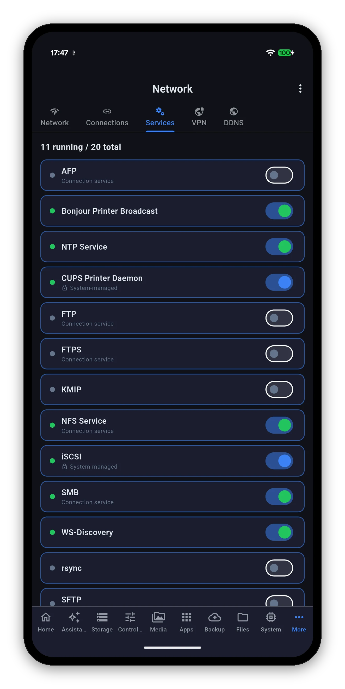 DSM services with running state and toggles