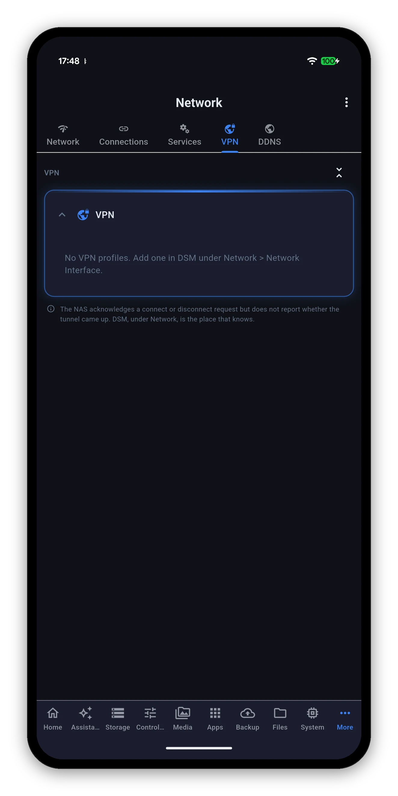 The VPN sub-view listing client profiles