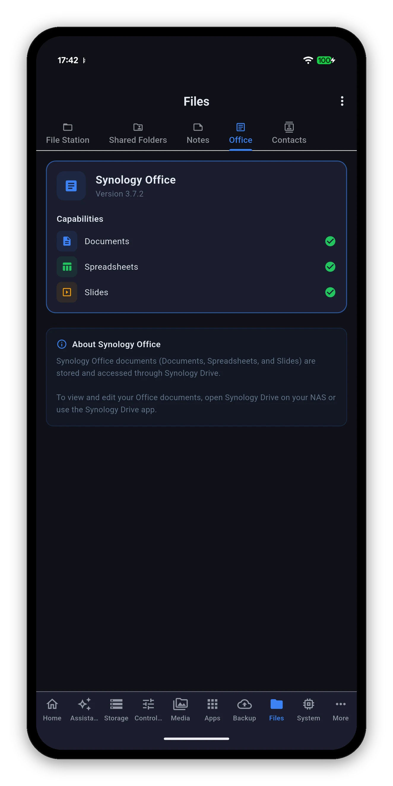Synology Office status with Documents, Spreadsheets and Slides