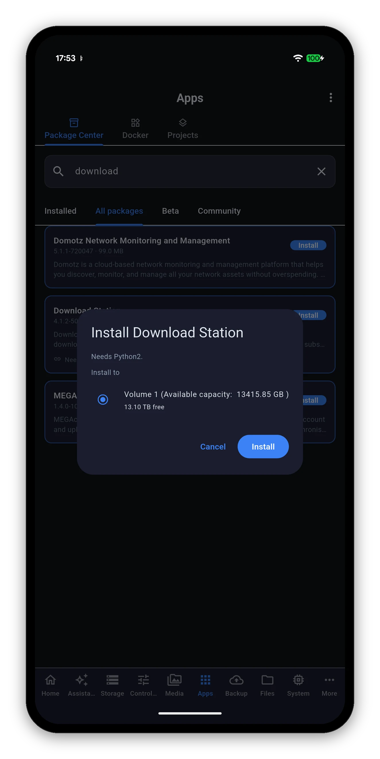 The install dialog naming the package, its dependency and the destination volume