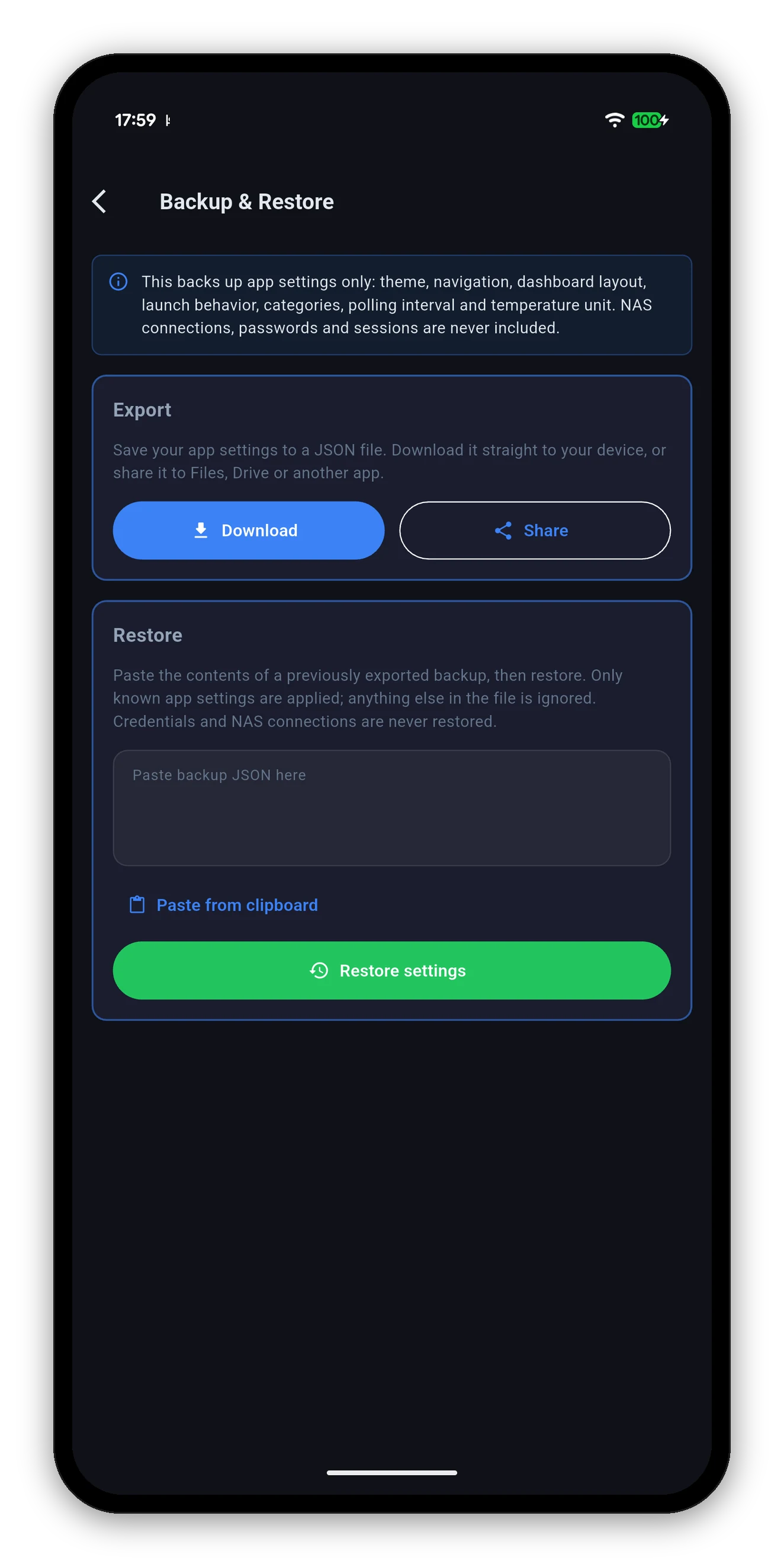 The Backup and Restore screen with Export and Restore