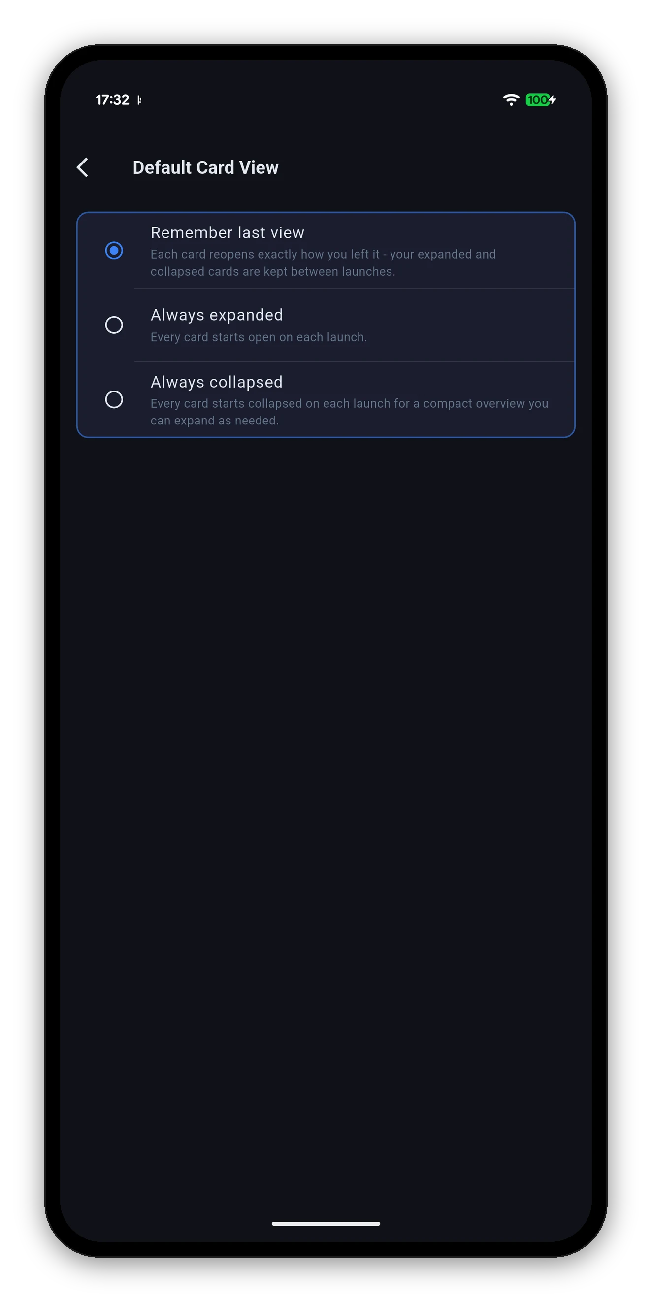Default Card View with Remember last view, Always expanded and Always collapsed