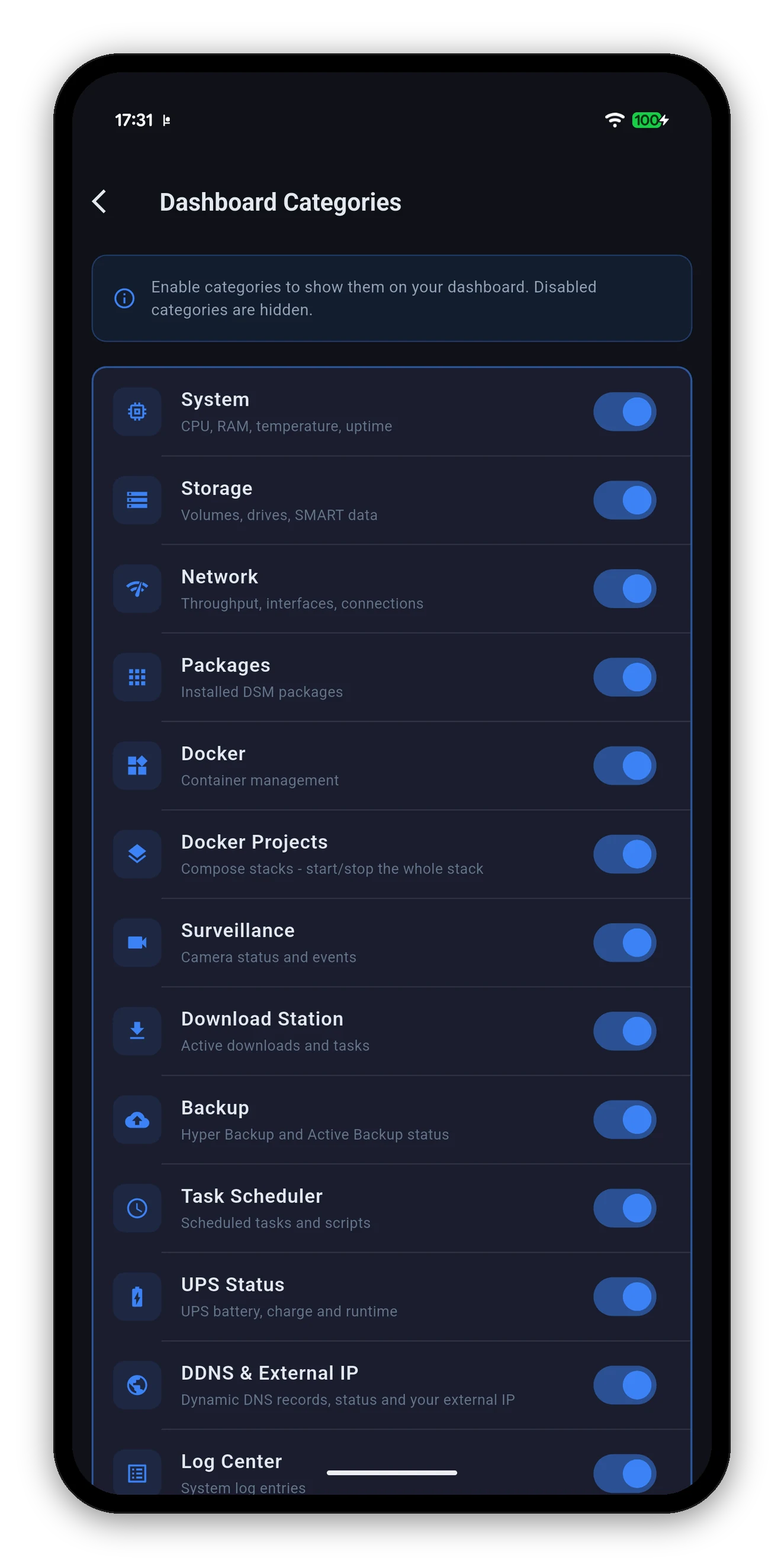Dashboard Categories with a switch per card