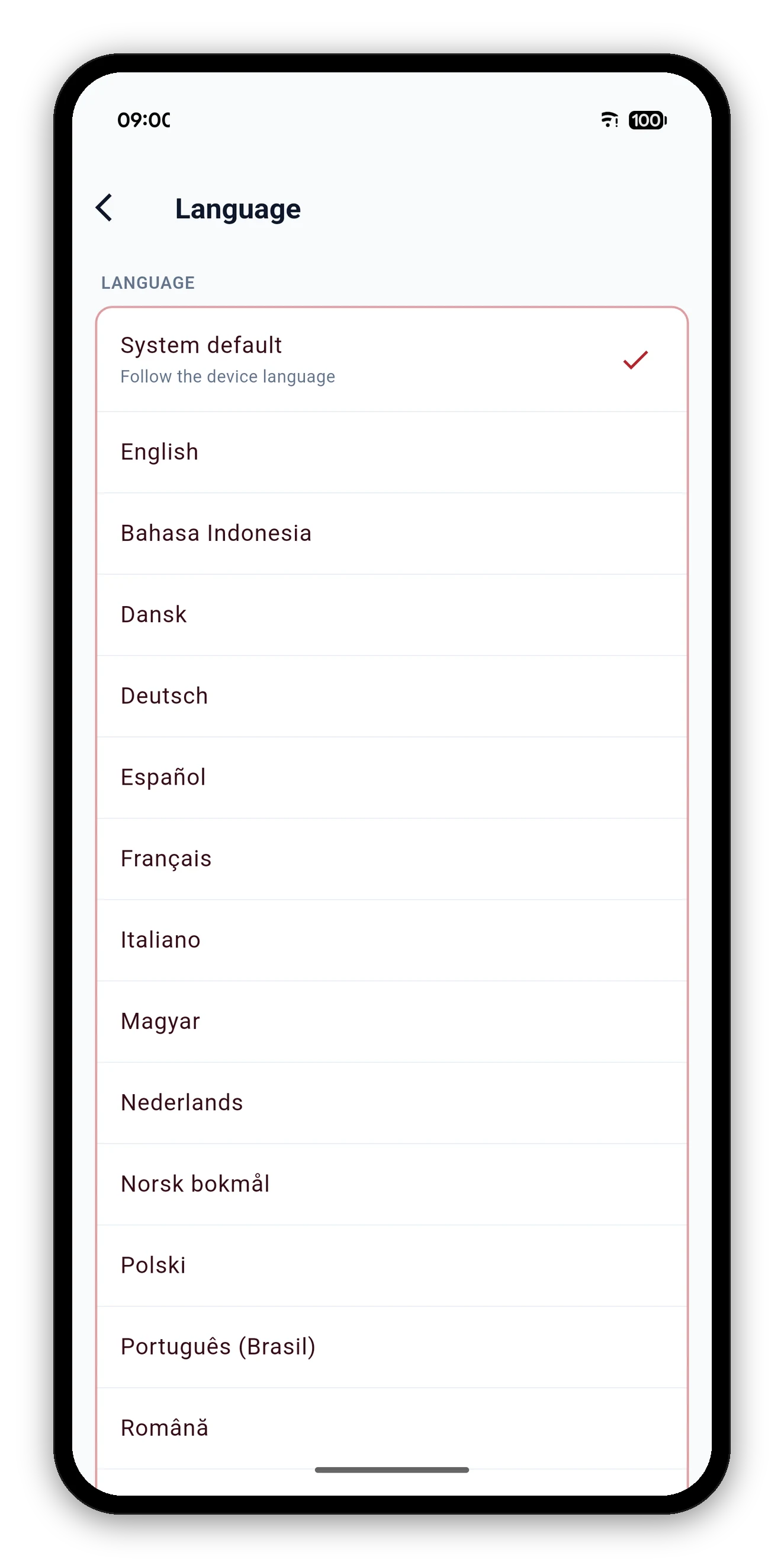 La pantalla de Idioma con Predeterminado del sistema marcado y los idiomas listados por su propio nombre