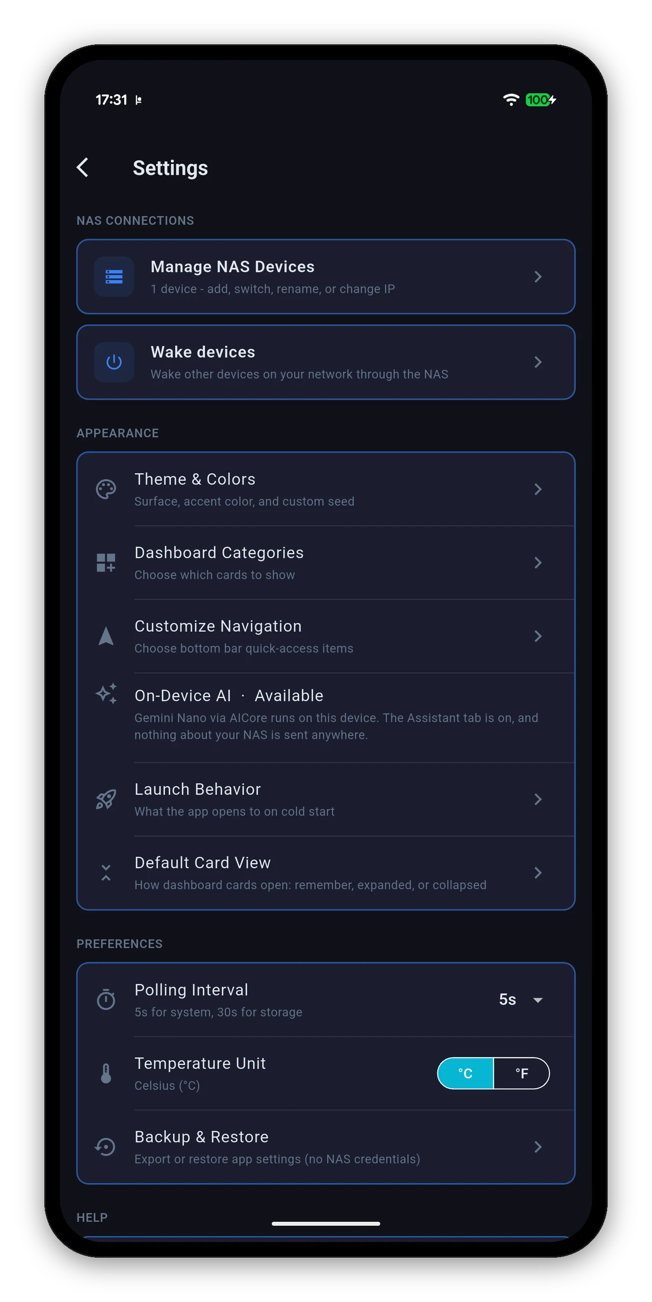 The Settings screen with NAS Connections, Appearance and Preferences