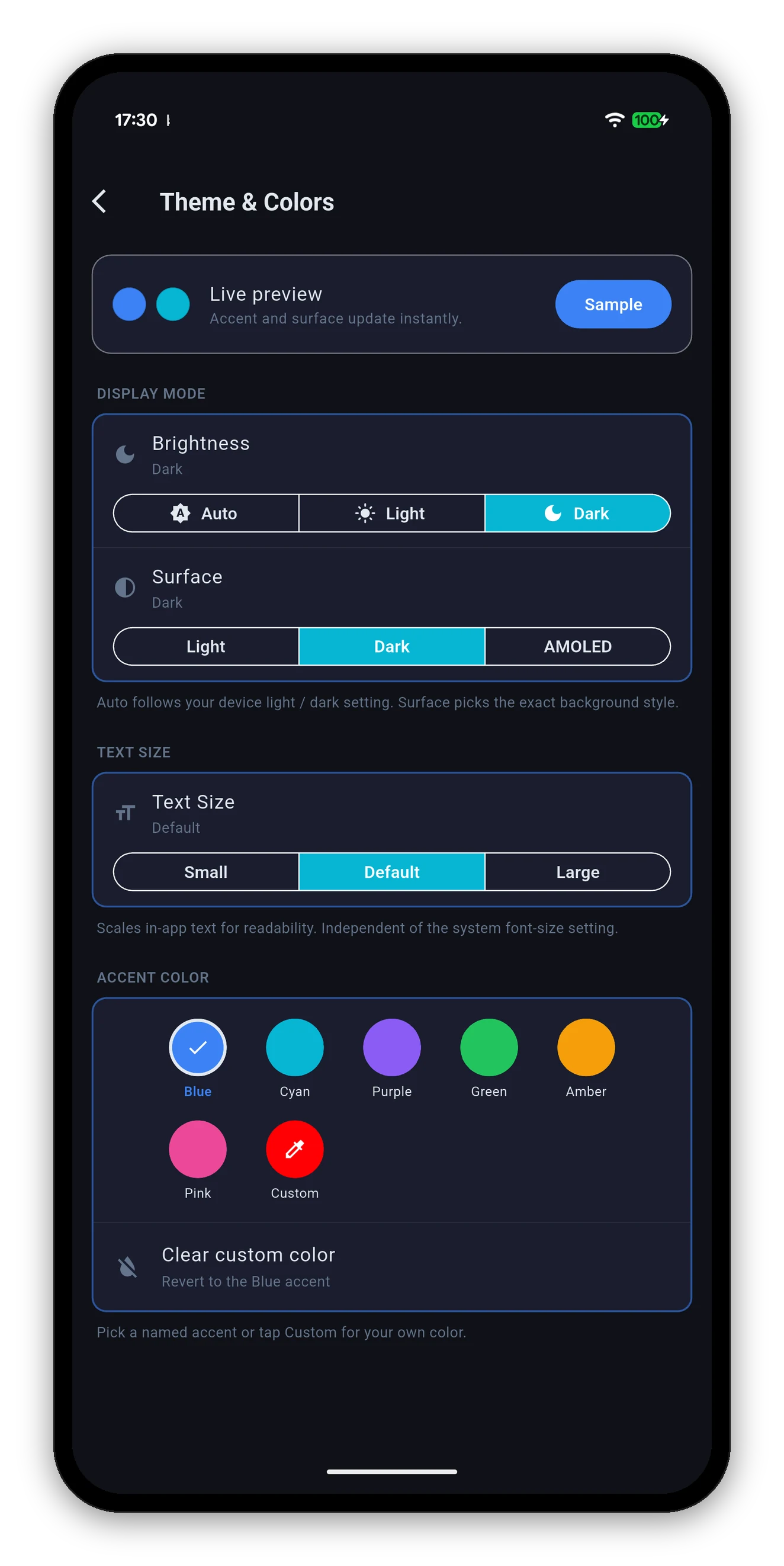 Theme and colour settings with accent picker and AMOLED surface