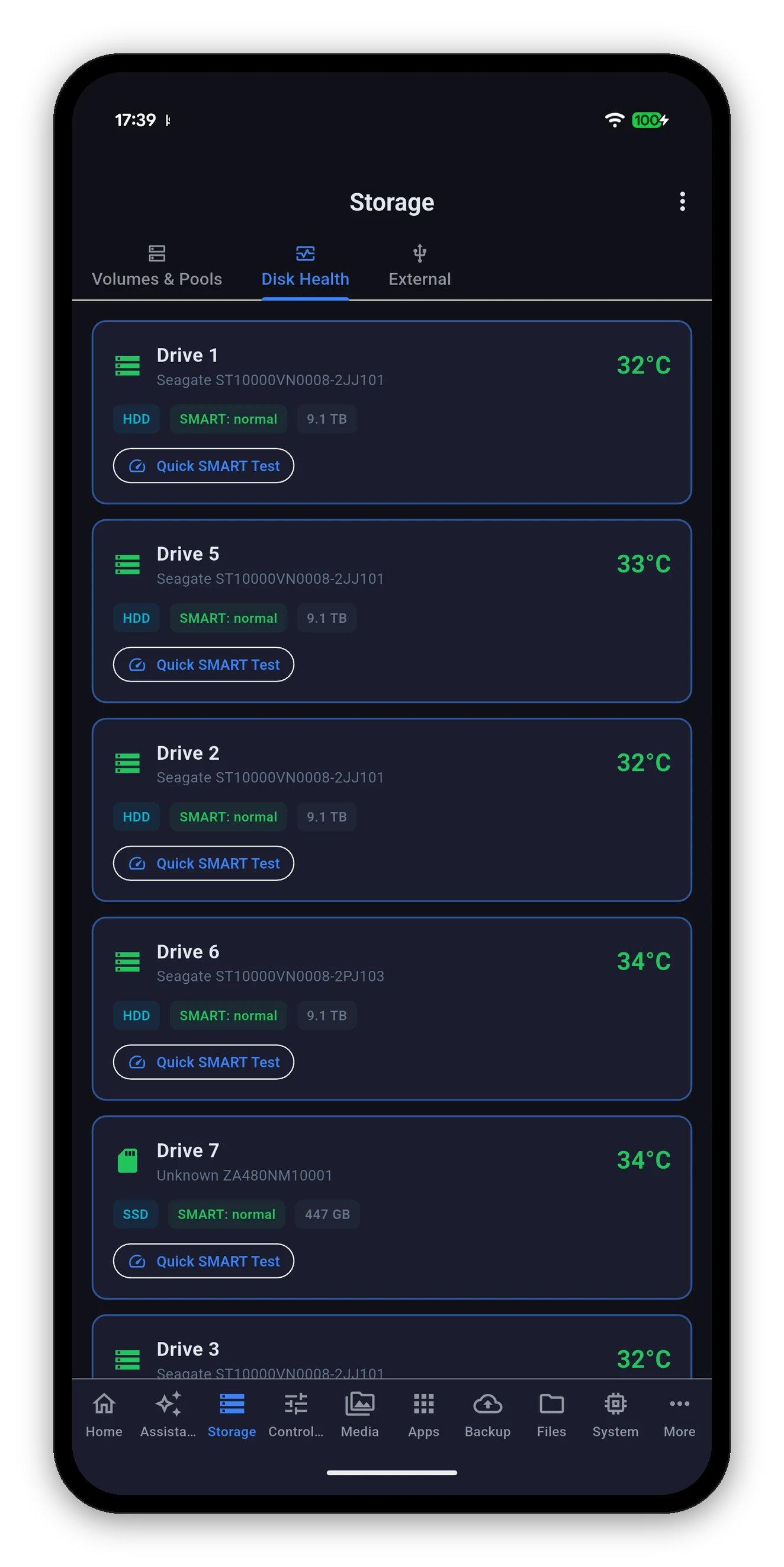 Per-drive SMART status and temperature