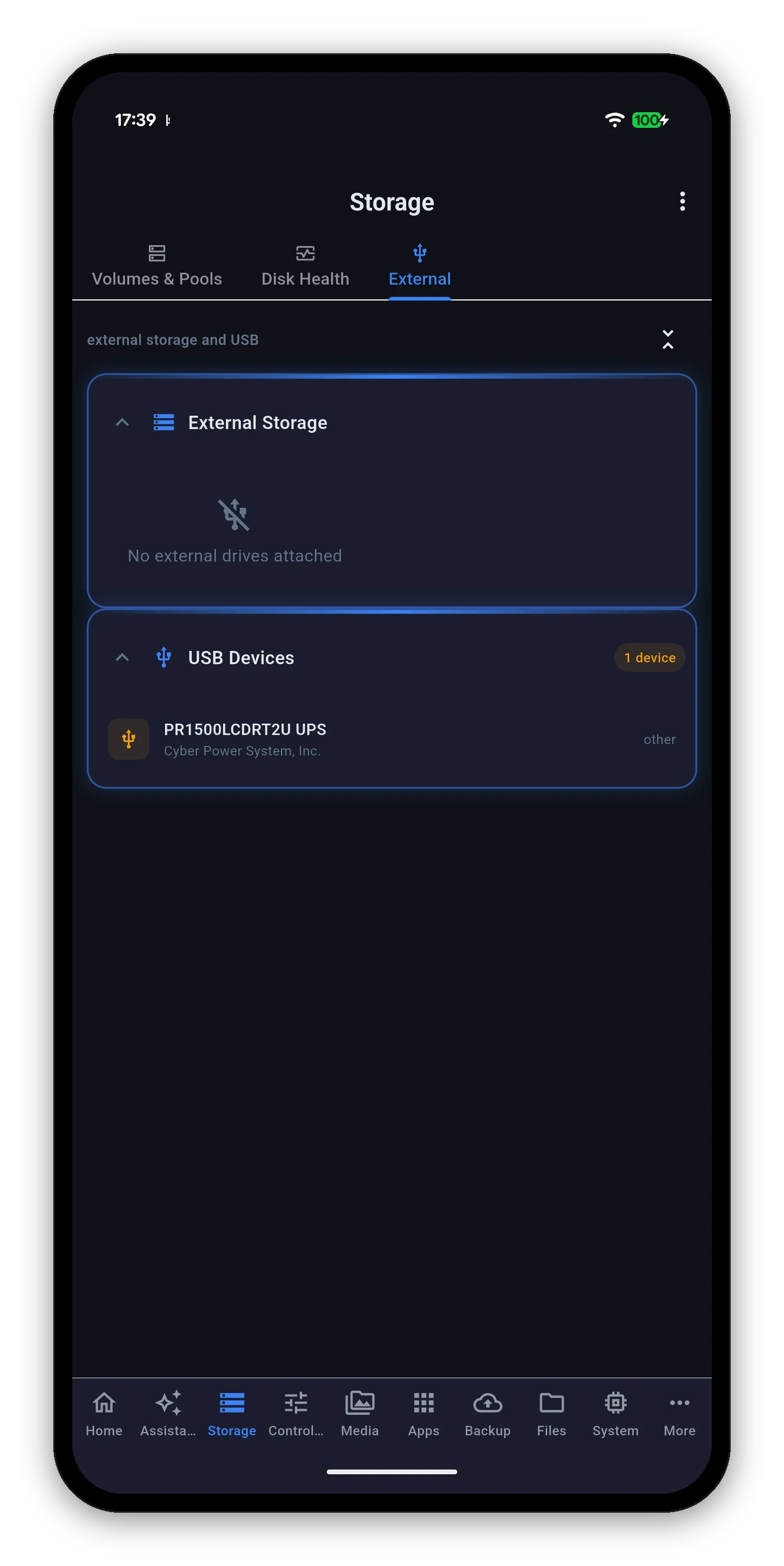 External storage and USB devices, with nothing attached and a UPS listed