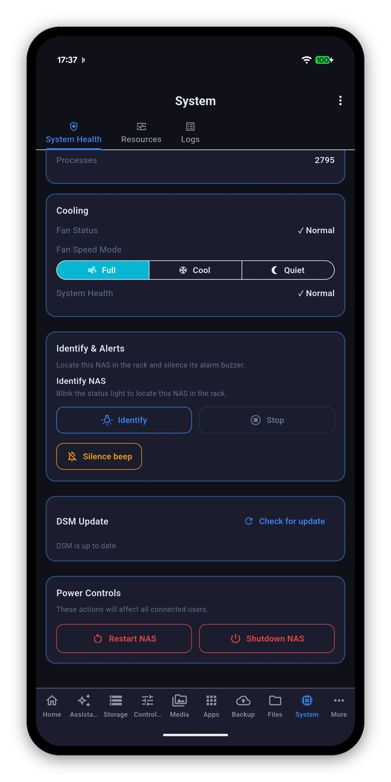 The Cooling card with Full Speed, Cool and Quiet, plus Identify and Power Controls