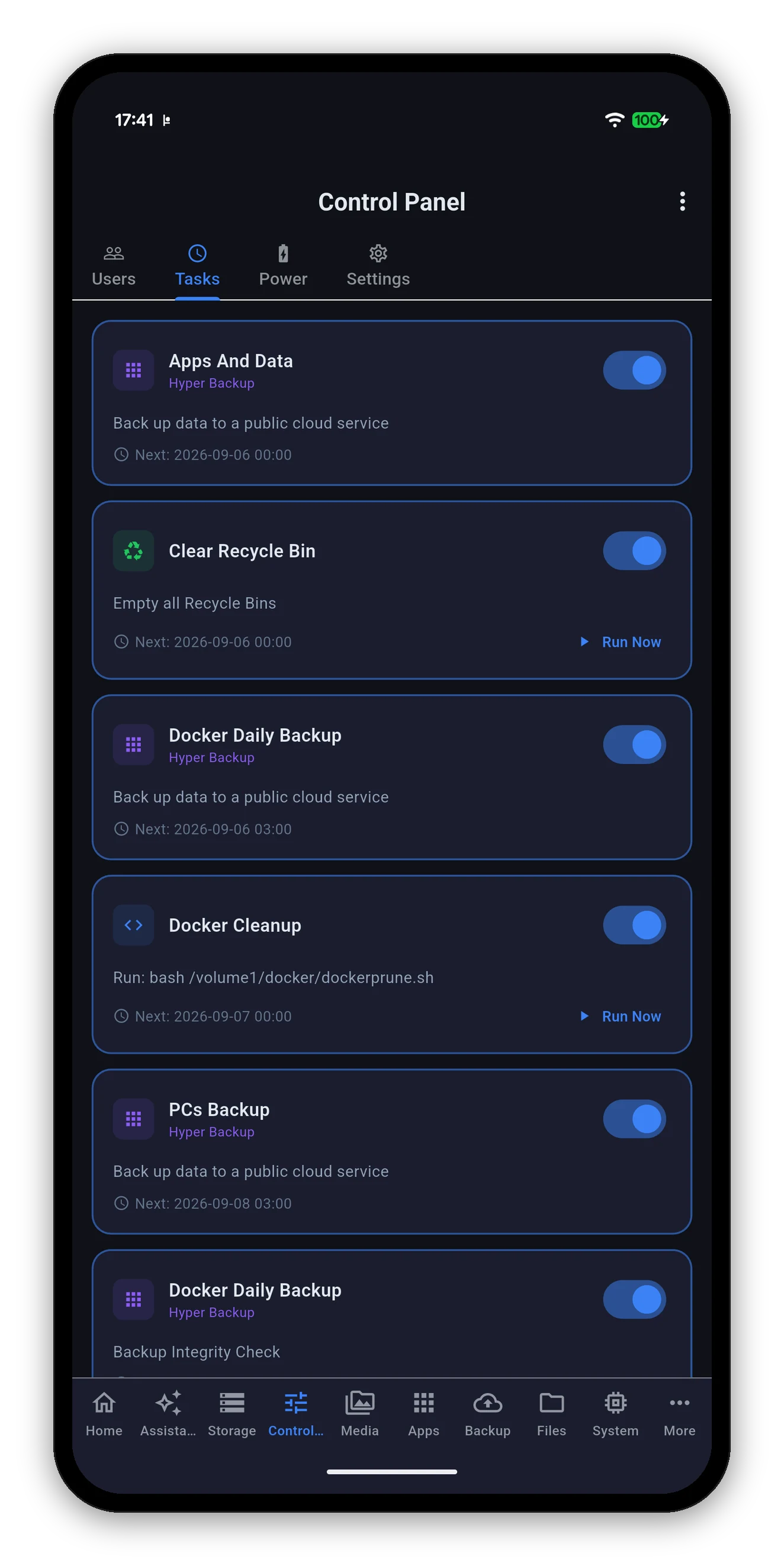 Task Scheduler showing scheduled tasks with toggles and Run Now