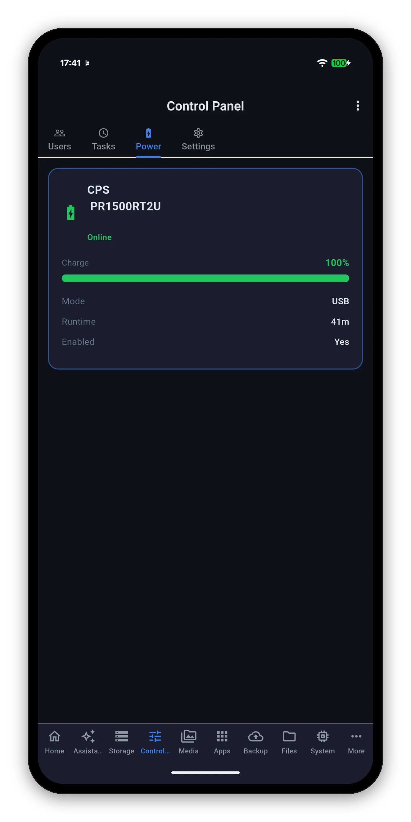 UPS status with model, charge, connection mode and estimated runtime