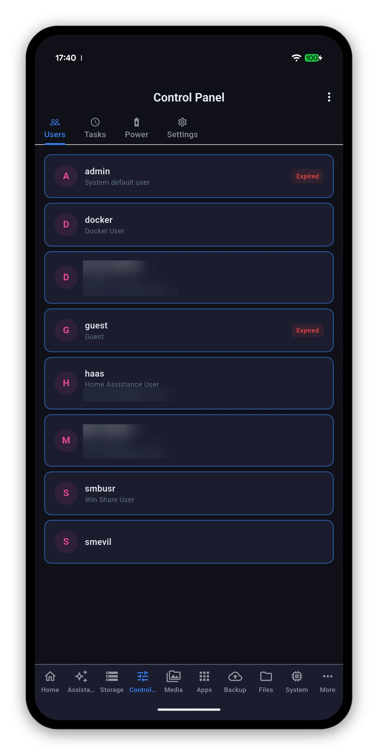 DSM user accounts, with two names and addresses obscured