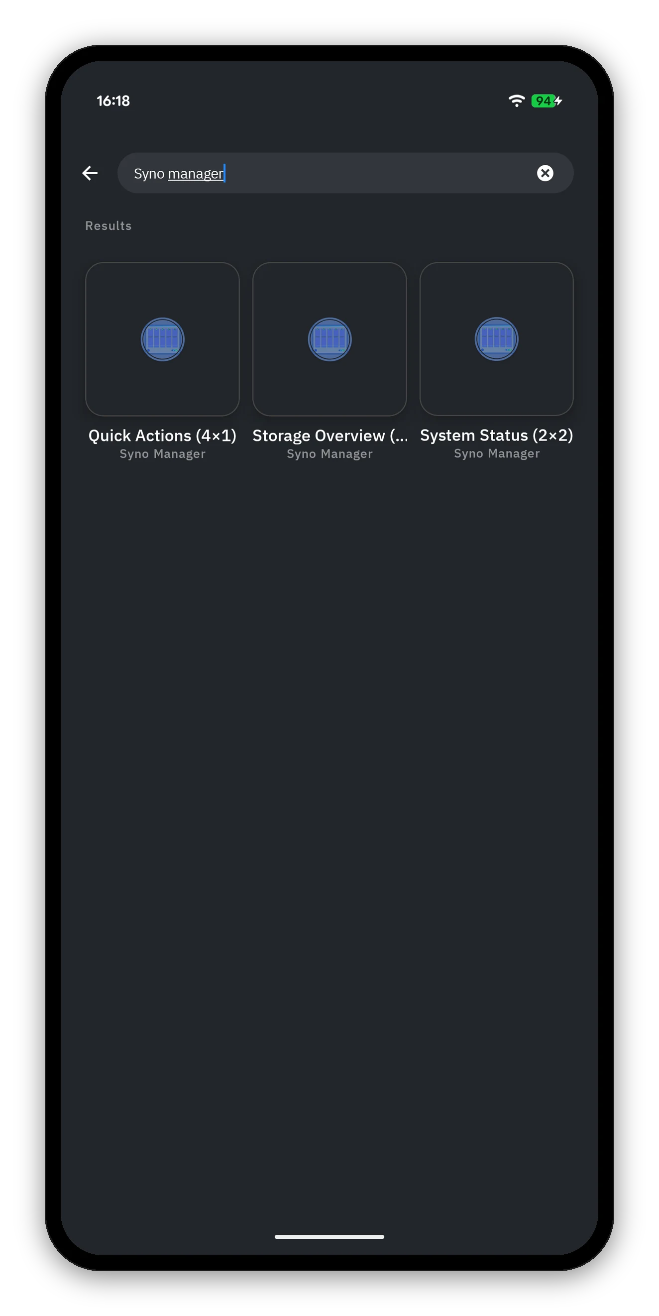 The launcher widget picker showing Quick Actions, Storage Overview and System Status under Syno Manager